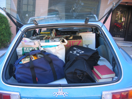The books packed into Lev's car.