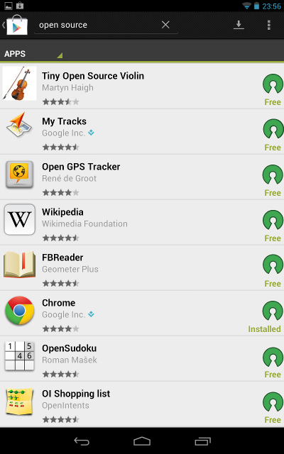 The Google Play Store, with the open source badge option turned on.