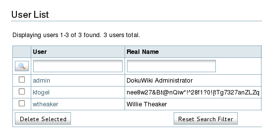 Resultant user list, showing my password in the clear.